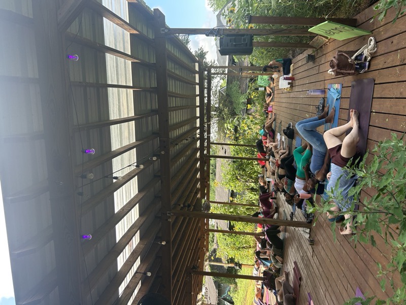 A full wellness class on the covered stage at Urban Sprout Farms, string lights overhead